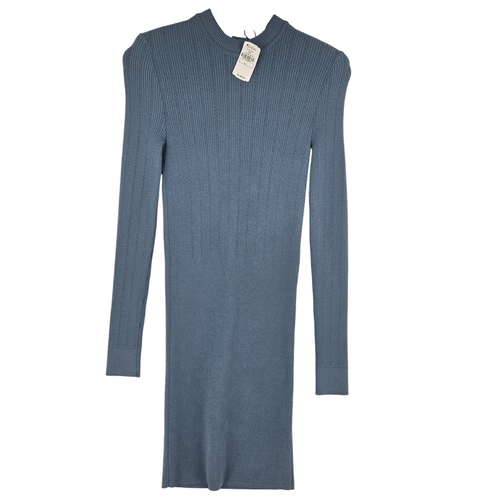 Balmain Dress Womens Small Blue Ribbed Knit Long Sleeve Silver Button Bodycon